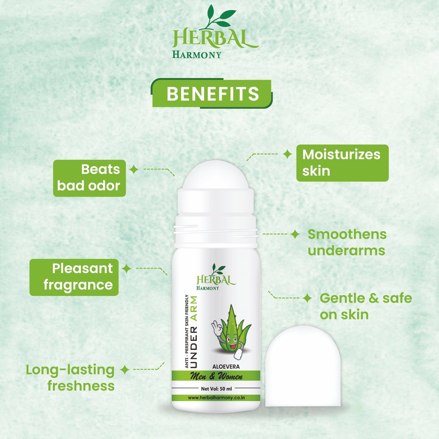 "Herbal Harmony Aloe Vera Antiperspirant Roll-On: Skin-Friendly, Unisex Formula" (50 ml)(Buy 1 Get 1 Free )