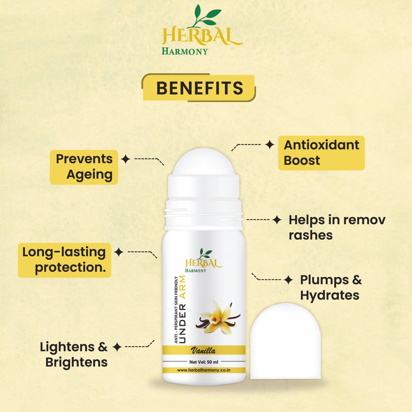 "Herbal Harmony Vanilla Bliss Antiperspirant Roll-On: Skin-Friendly Protection with Sweet Vanilla Delight" (50 ml)(Buy 1 Get 1 Free )